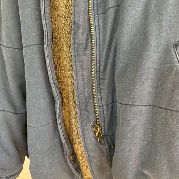 Free People Quilted Denim Jacket Sherpa Lined Hooded Coat Blue Zip-Up Size L - Picture 3 of 9